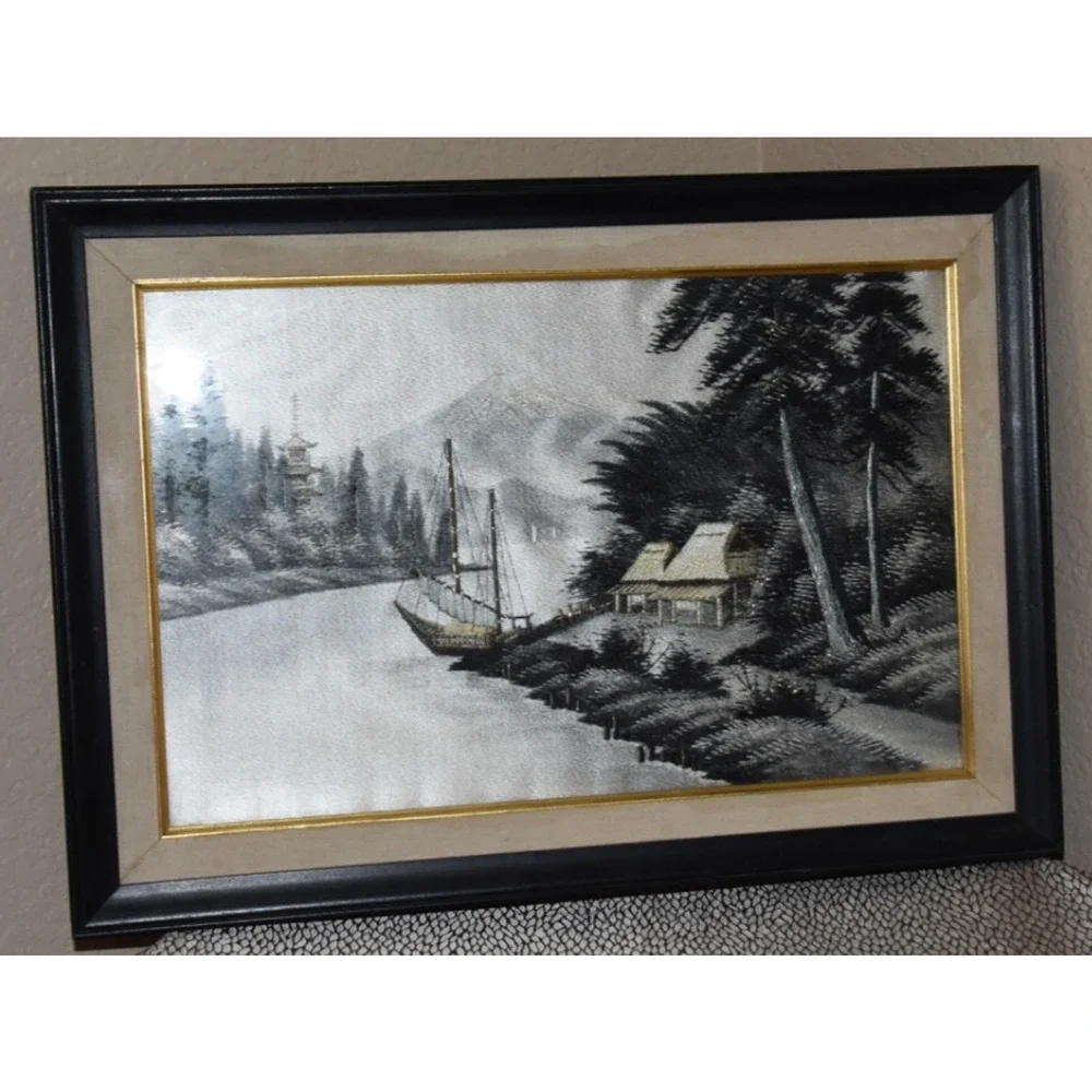 Japanese Landscape Mount Fuji Hand Stitched Silk Embroidery Framed Art
